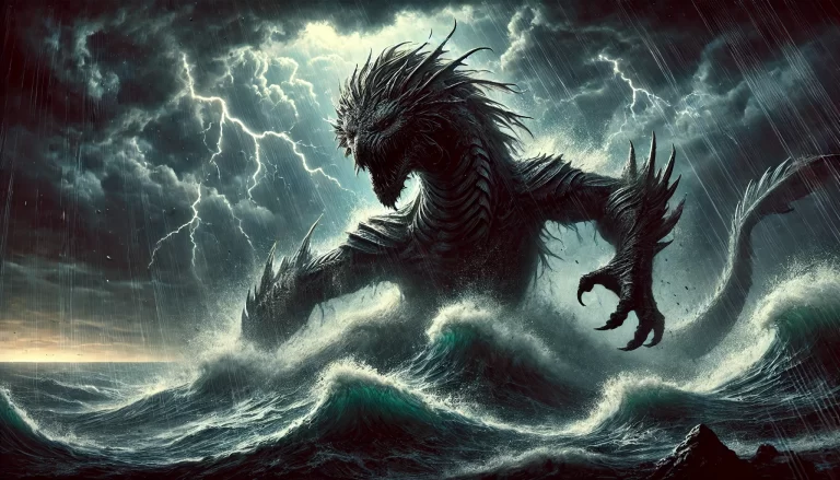 Artistic depiction of Tannin, a sea monster from ancient mythologies, emerging from turbulent ocean waters.