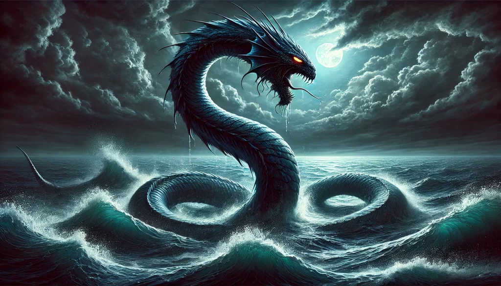 Illustration of Tannin, a serpentine sea monster, emerging from dark ocean waters.