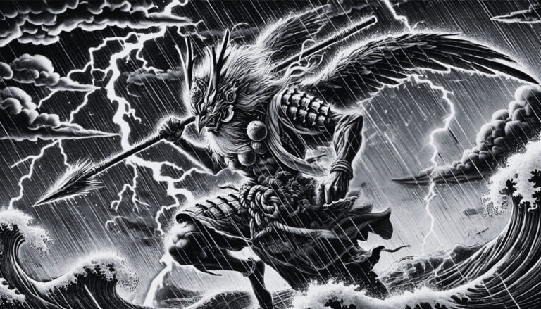 A Tengu warrior battling during a thunderstorm.