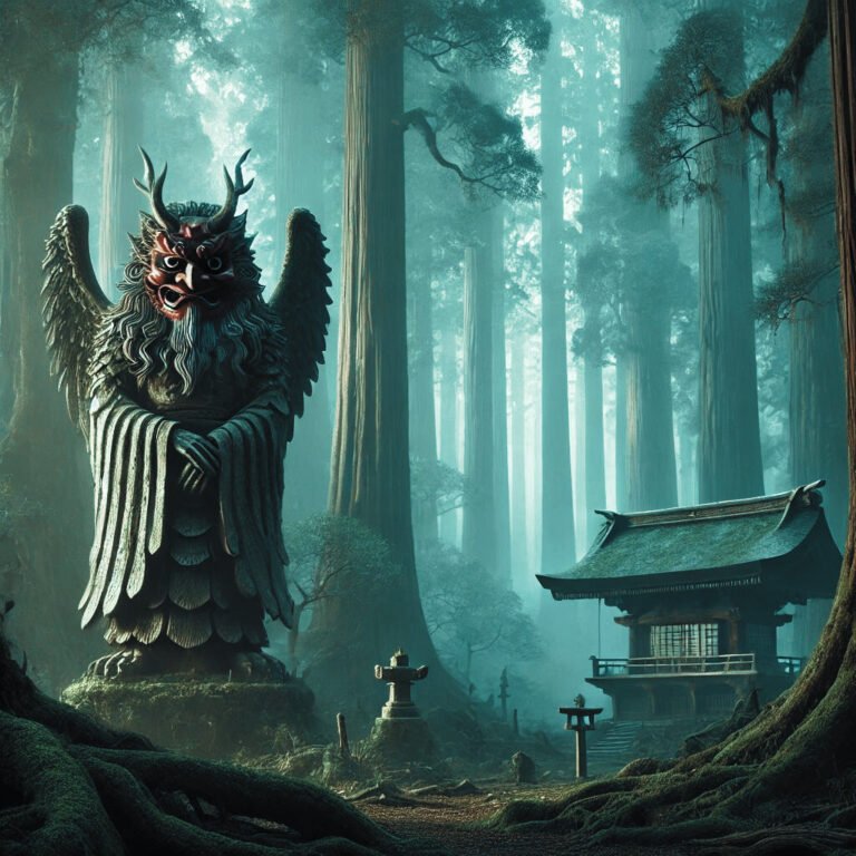 Tengu standing in a misty, ancient forest.