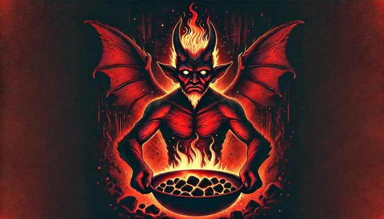 A demon named Ukobach with a fiery red body, large eyes, large ears, and bat-like wings, holding a pan filled with hot coals.