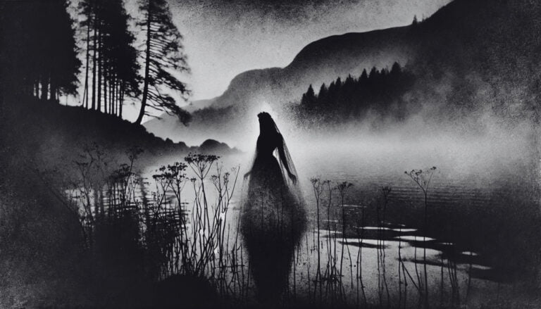 Ethereal Rusalka in a shadowy, mist-laden lakeside.