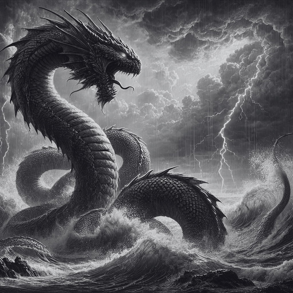 Rahab, a primordial sea monster, rising from stormy ocean waves.