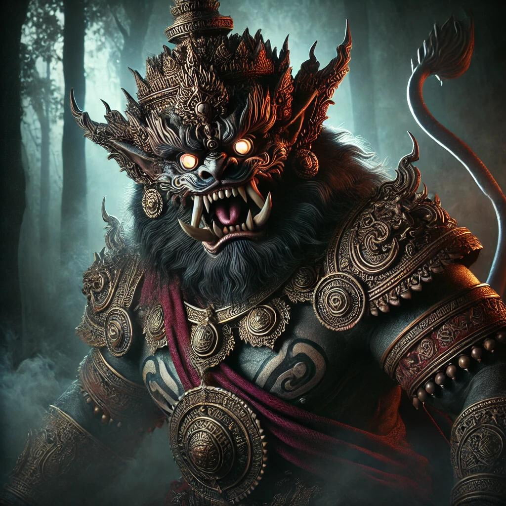 Traditional Rakshasa with sharp fangs.