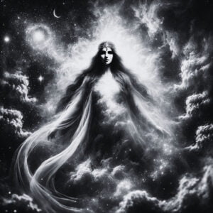 Mystical depiction of Ruha standing between realms of light and darkness.