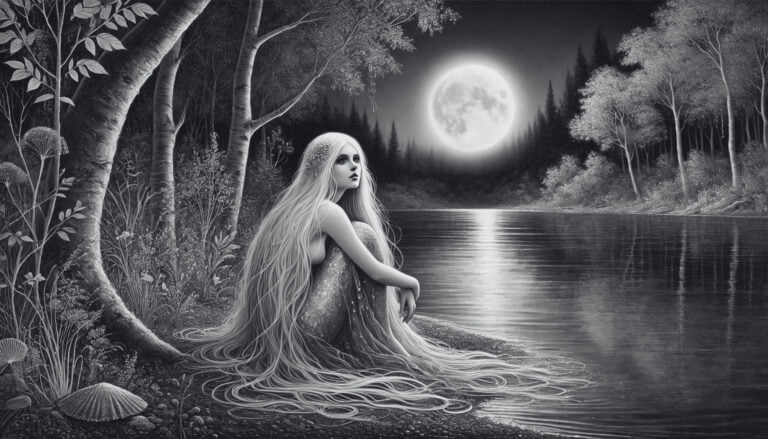 A Rusalka spirit sits contemplatively under moonlight at a pond's edge.