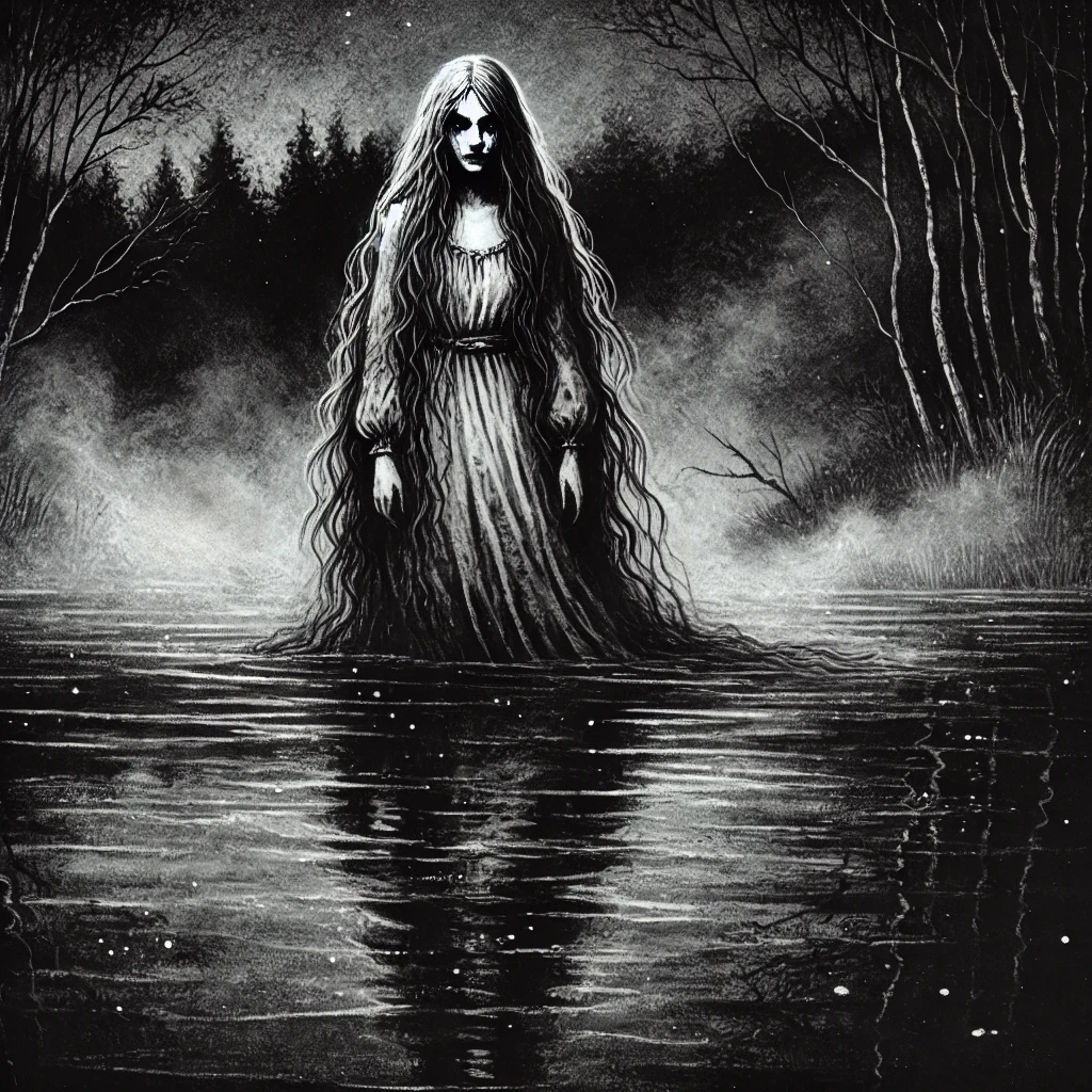 Monochrome depiction of Rusalka standing by a misty lake in deep blacks and greys.