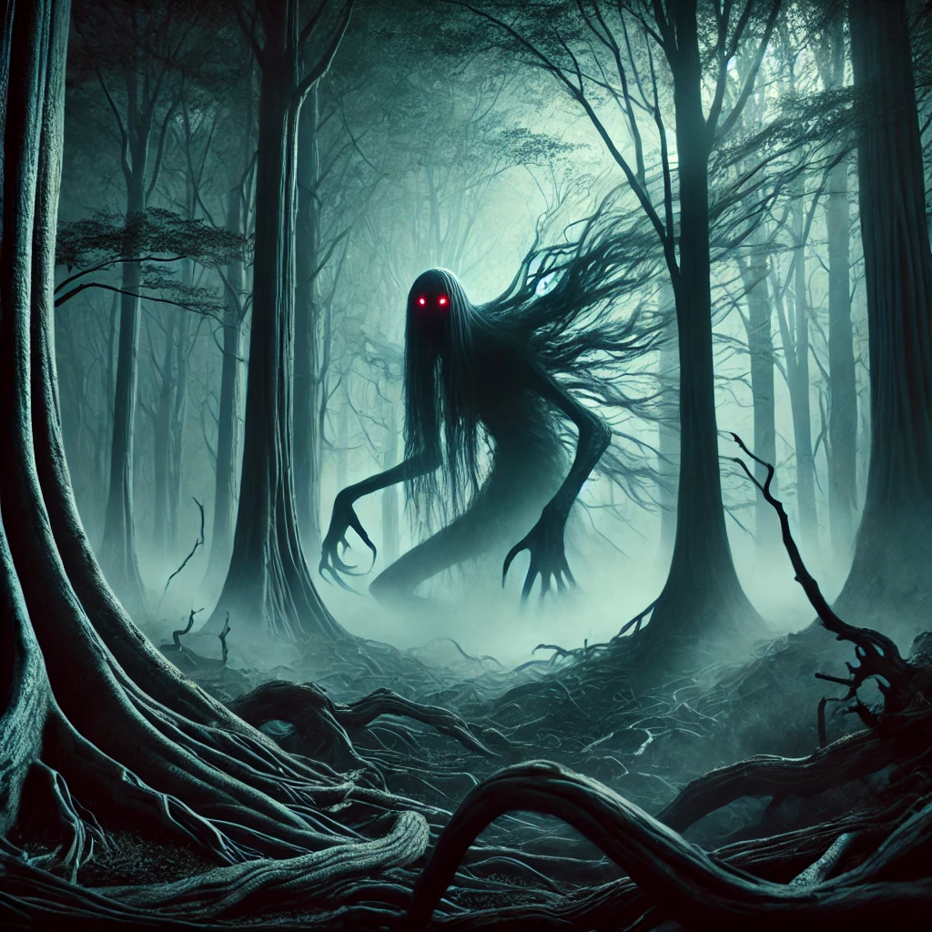 A shadowy, spectral Wangliang with glowing red eyes, emerging from a misty forest.