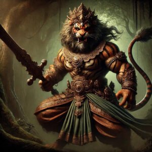 Traditional depiction of a Rakshasa with a tiger's face and ancient Indian warrior attire, wielding a sword in a dark forest.