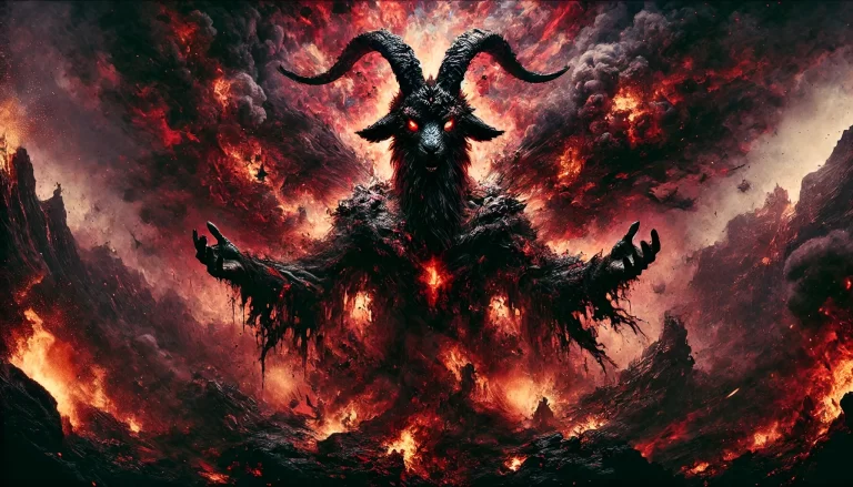 Baphomet goat amidst swirling flames and volcanic ash.