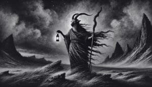 Baphomet standing in a desolate landscape, holding a lantern and staff, in monochrome.