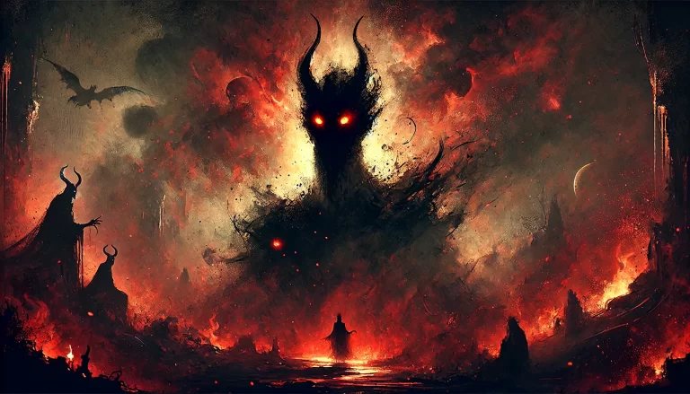 Shadowy silhouette of the demon Gaap with glowing red eyes in a fiery underworld.