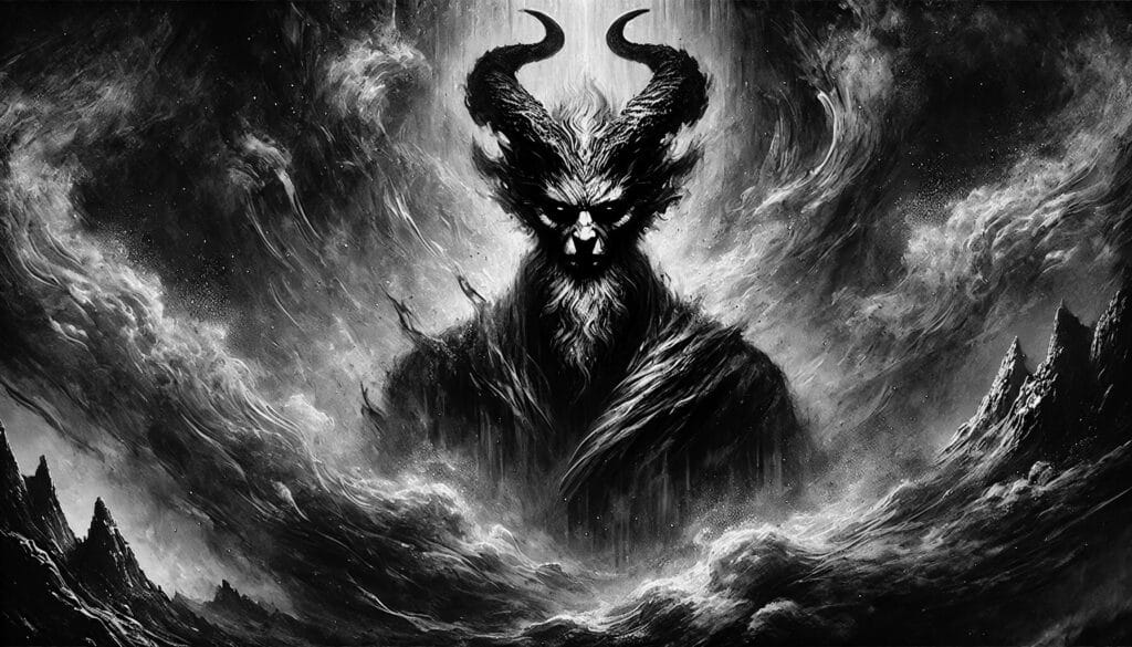 Iblis standing amidst a stormy landscape in monochrome.