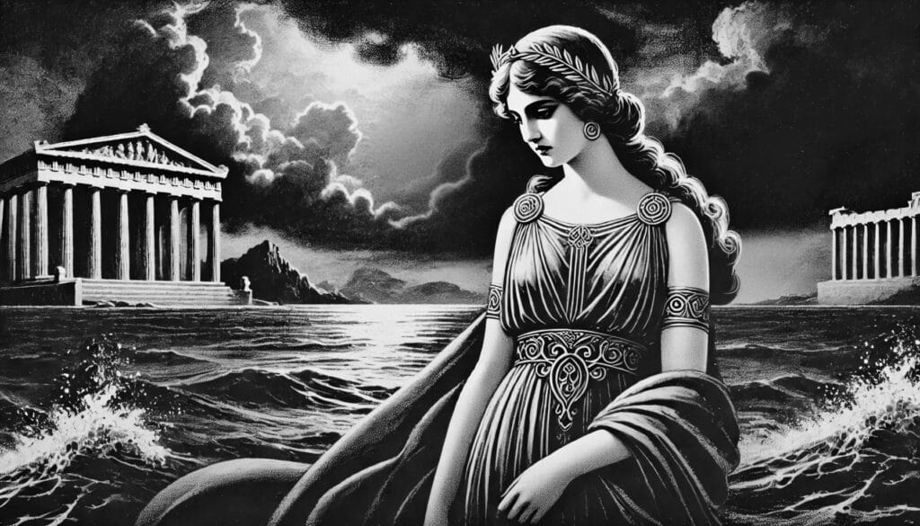 Lamia beside the sea in a monochrome palette of deep blacks and greys.