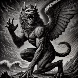 Pazuzu, the Mesopotamian demon, with a prominent scorpion-like tail in a monochrome palette of deep blacks and greys.