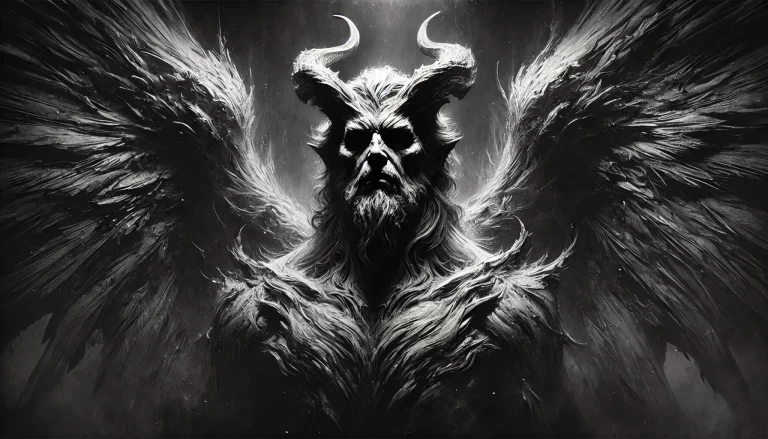 Monochrome depiction of Satan with large wings and a stern face.