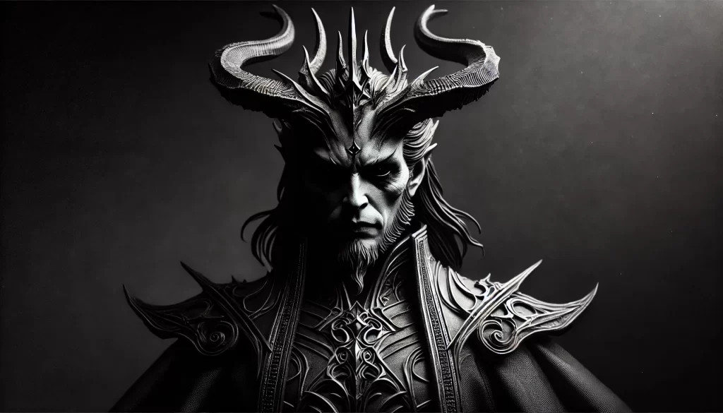 Monochrome depiction of demon general Satanachia.