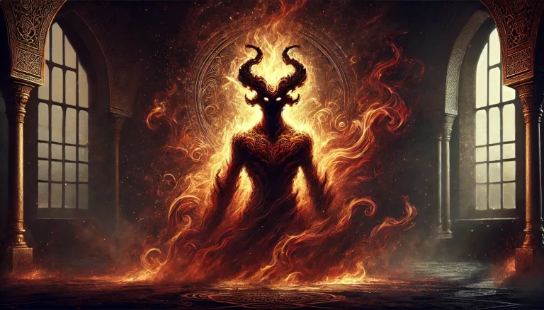 Dramatic depiction of Shaitan, fiery and ominous, in a classical Islamic art style.