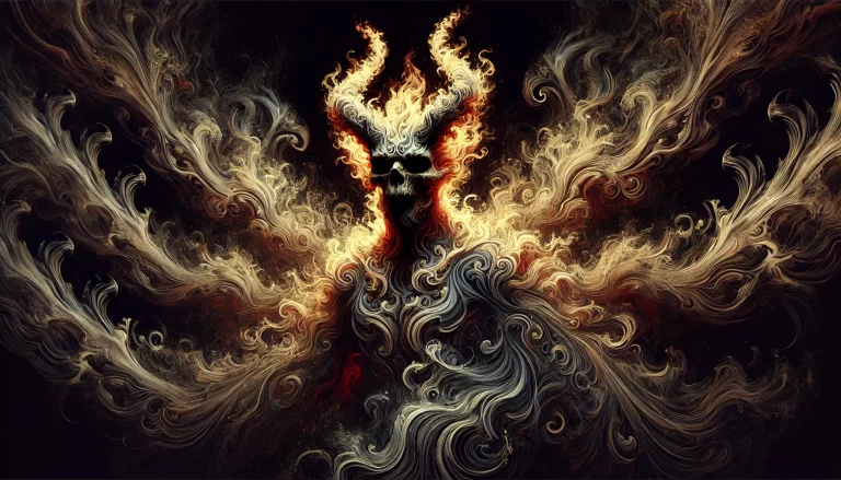 Abstract and seamless depiction of Shaitan in flames and smoke.