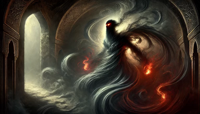 Mystical depiction of Shaitan shrouded in dark smoke with hints of fire.