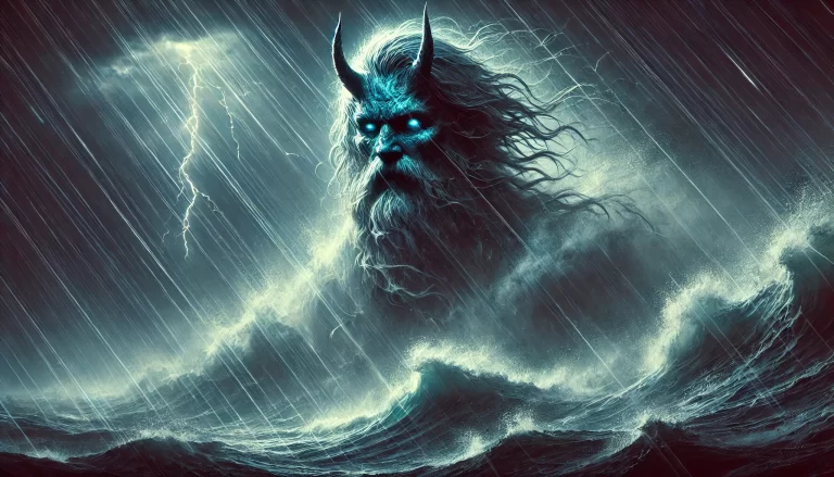 Corson as a demon emerging from a stormy sea at night, veiled by sea spray.