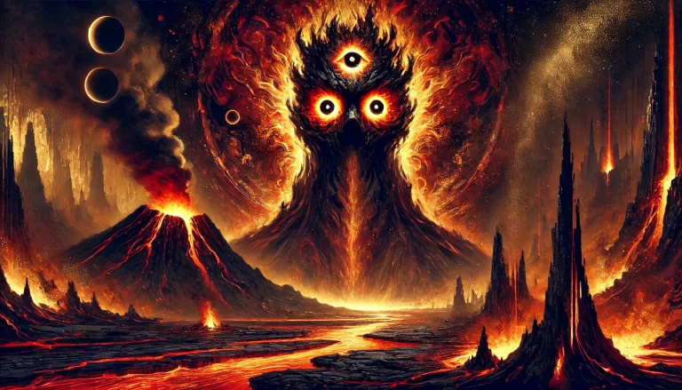 Gaap as a towering figure enveloped in flames in a volcanic landscape.