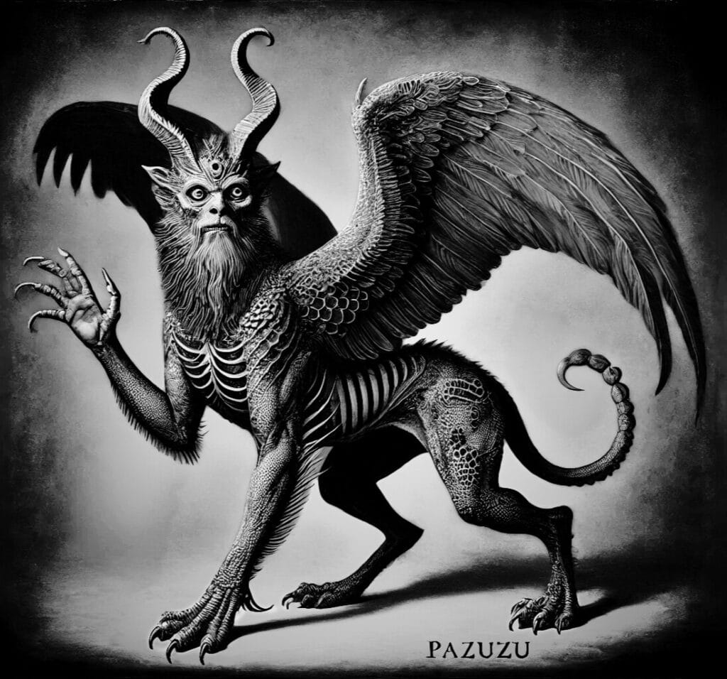 Black and grey illustration of Pazuzu, featuring a canine body, bird talons, and mystical attributes.