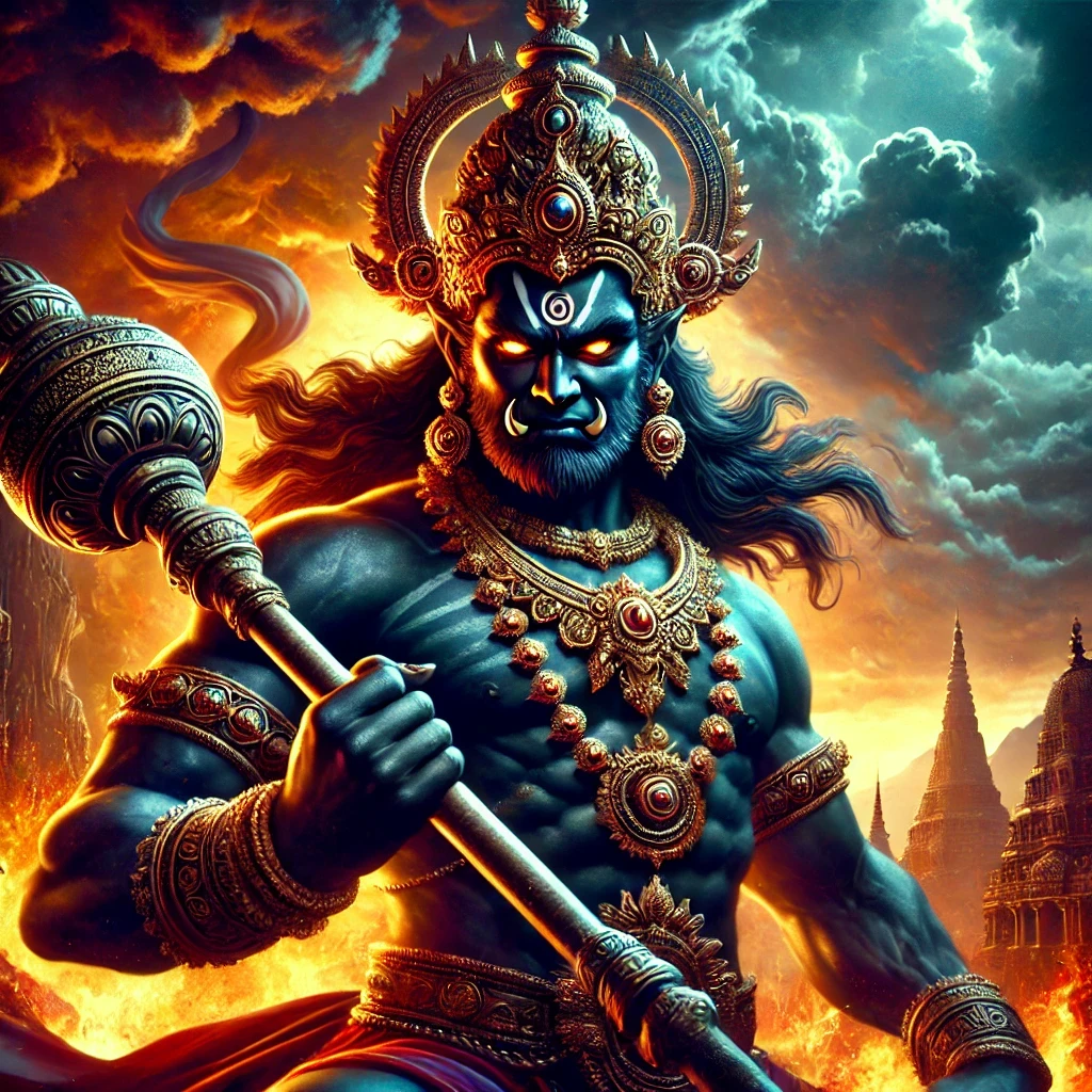 Fierce depiction of Narakasura, the mythical demon king, in a fiery battlefield.